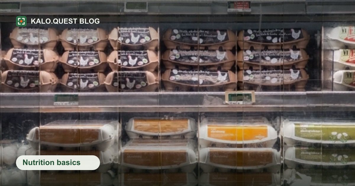 Rows of egg cartons stacked behind glass on a refrigerated supermarket shelf. Kalo.Quest blog.
