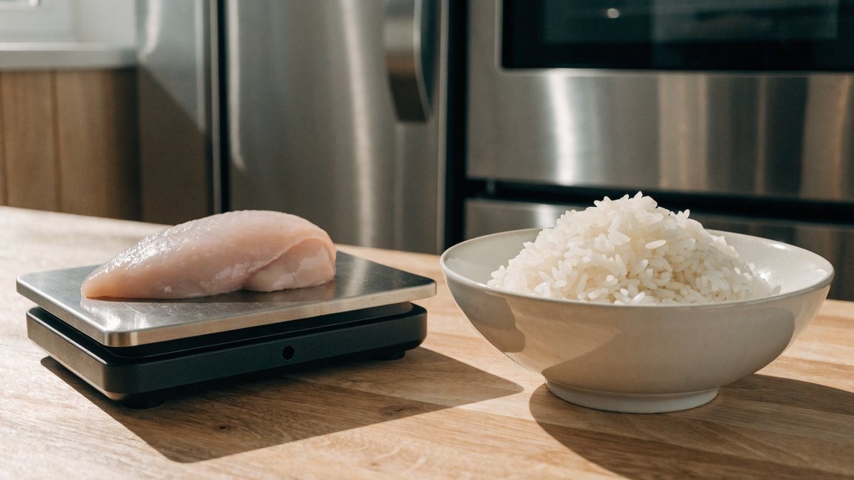 A kitchen food scale with chicken breast and a bowl of rice
